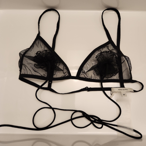 Nensi Dojaka Floral Appliqué Sheer Tulle Triangle Bra in Black at - Picture 4 of 6